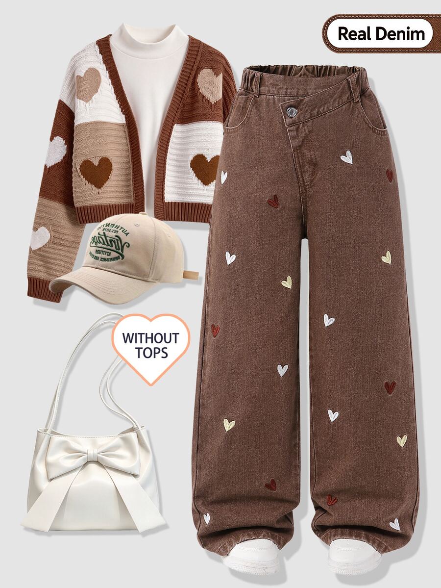Tween Girls' Y2K Aesthetic Casual Loose Fit Heart Embroidered Slanted Waist Wide Leg Denim Pants Suitable For Daily Outings, School, Commuting, - Coffee Brown - View 1