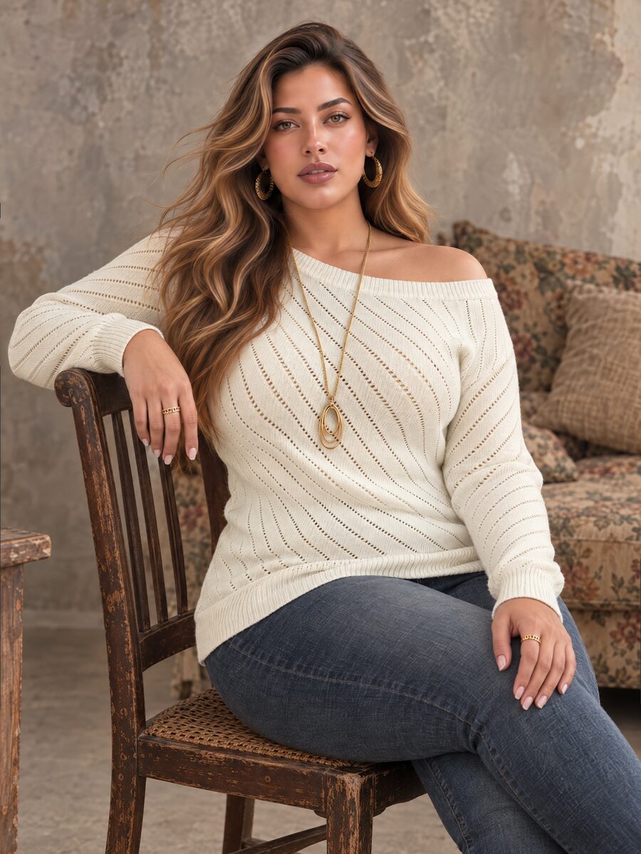 Ceyna Women's Hollow Diagonal Ribbed Knit Sweater, Long Sleeve Cinched Cinched Waist Pullover, Early Autumn Design Asymmetrical Shoulder Top - Apricot - View 1