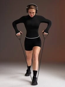 Powerista بلوزة رياضية نسائية سوداء مع حواف متباينة، بلوزة رياضية كاجوال للتمارين اليومية، ملابس رياضية نشطة وعصرية للجيم - الأسود - مشاهدة 5
