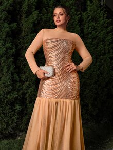 VOLUPTÉ CURVE Plus Size Stand Collar Mesh Sequin Patchwork Full Skirt Evening Gown - Apricot - View 3