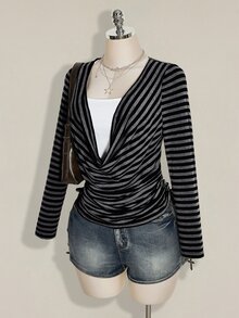SHEIN ICON Women's Plus Size Black & Grey Striped Cowl Neck 2 In 1 T-Shirt - Dark Grey - View 4
