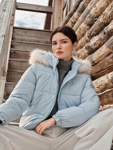 Anewsta Women's Solid Color Embroidered Winter Hooded Fur Collar Padded Coat - Blue - View 7