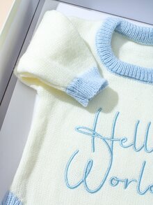 2pcs Newborn Baby Boy Knitted Romper Beanie Set Cream Blue Embroidery Pom Long Sleeve Round Neck Photography Prop Winter Pullover Jumpsuit Snap Button - Multicolor - View 8