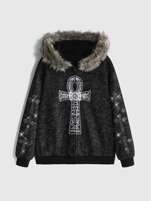 ROMWE Goth Y2K Street Style tvättad sweatshirt för kvinnor med runbrodyr, strass, pälsfodrad krage och huva, lös passform - Svart - Visa 1