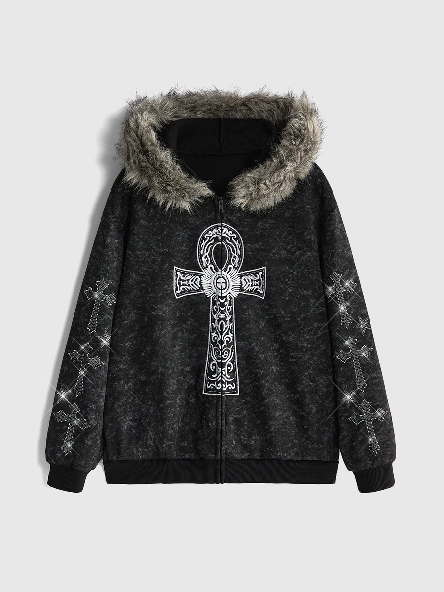 ROMWE Goth Y2K Street Style tvättad sweatshirt för kvinnor med runbrodyr, strass, pälsfodrad krage och huva, lös passform - Svart - Visa 1