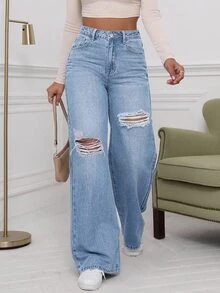 SHEIN EZwear CURVE Plus Size Women's Washed Distressed Wide Leg Jeans - Light Wash - View 1