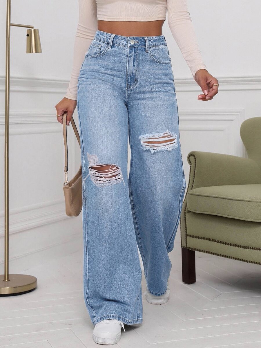 SHEIN EZwear CURVE Plus Size Women's Washed Distressed Wide Leg Jeans - Light Wash - View 1