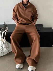 DAZY 男士純色深灰色厚款套頭運動衫套裝，秋冬季四分之一拉鍊男款 - 棕色 - 查看 4