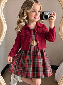 SHEIN 2件組幼女夾克洋裝套裝 紅色海軍藍綠色格紋 燈芯絨針織長袖 翻領圓領 百褶傘裙鈕扣公主開襟衫 - 紅色 - 查看 3