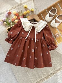 SHEIN 女童復古棕色燈芯絨大領刺繡花卉公主風洋裝，秋冬款 - 彩色 - 查看 1