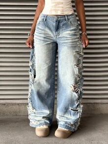 Jeanoix Petite Y2K Women's Distressed Loose Button Denim Jeans - Medium Wash - View 4