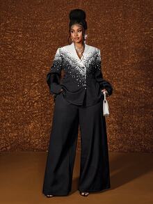 Maweii Luxury Black And White Contrast Print Waist-Cinching Blazer And Wide Leg Pants 2 Pieces Set For Party - Black and White - View 8