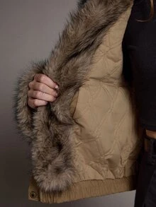 MOTF PREMIUM URBAN SHORT JACKET WITH LARGE FUR COLLAR DECORATION PADDED COAT FOR AUTUMN/WINTER - Khaki - View 7