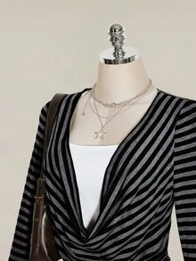 SHEIN ICON Women's Plus Size Black & Grey Striped Cowl Neck 2 In 1 T-Shirt - Dark Grey - View 5