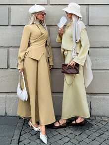 Solavon New French Design Wrap Tie Slimming Top & A-Line Flare Skirt 2 Pieces Set, Versatile Elegant Outfit For Daily Commute - Pale Yellow - View 4