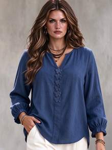 Linhara CURVE بلوزة نسائية مقاس كبير بأكمام طويلة وياقة على شكل حرف V بنقشة زهور زرقاء - الأزرق - مشاهدة 1