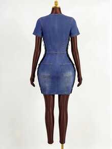 Mistrie Women's Contrast Lace V-Neck Short Sleeve Fitted Fashion Denim Dress - Grey - View 3