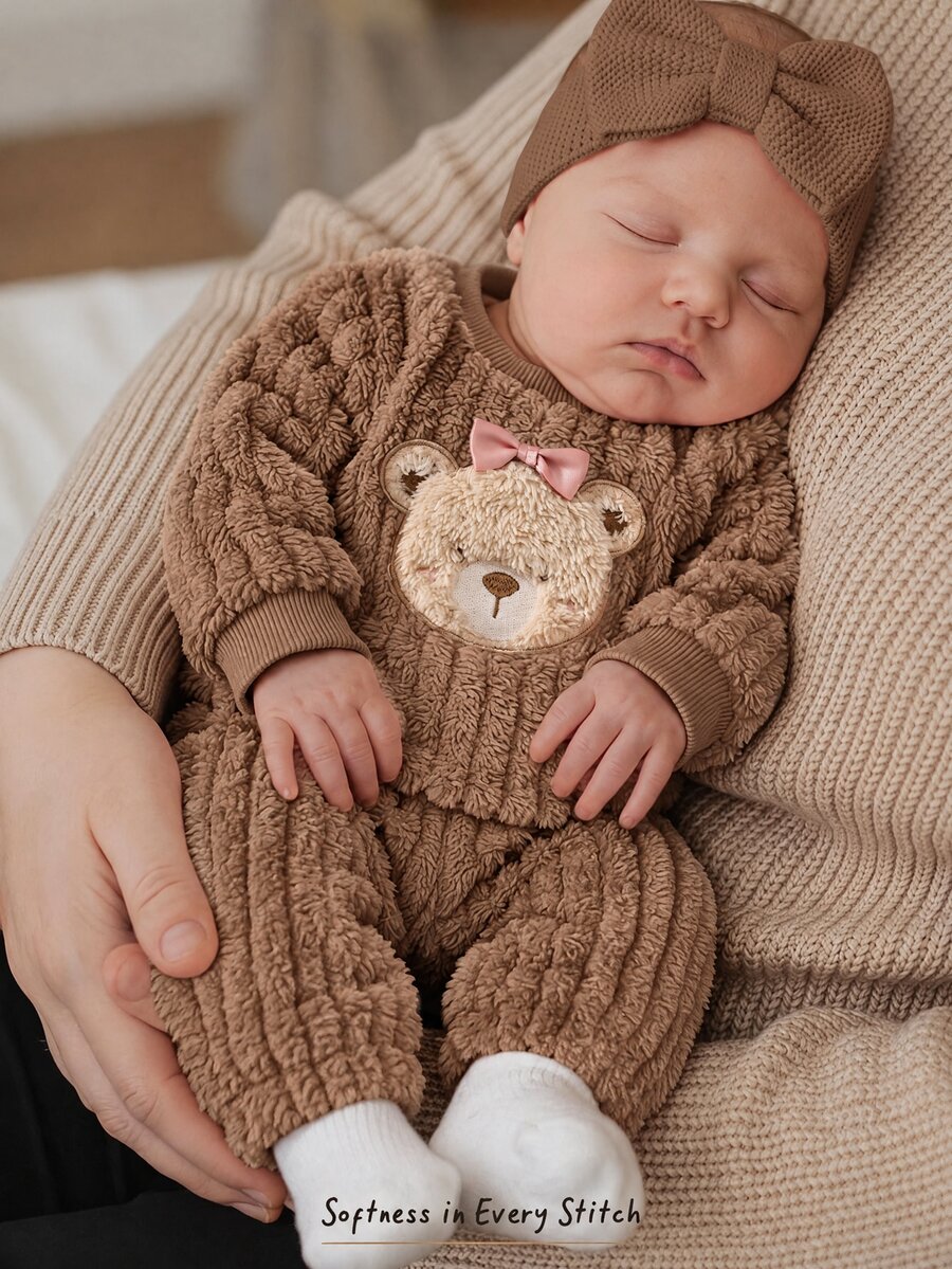 Cozy Pixies 新生女嬰卡通圖案抓絨內裡蝴蝶結厚絨圓領長袖套頭衛衣彈力腰長款冬季長褲2件套 - 棕色 - 查看 1