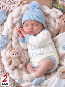 2pcs Newborn Baby Boy Knitted Romper Beanie Set Cream Blue Embroidery Pom Long Sleeve Round Neck Photography Prop Winter Pullover Jumpsuit Snap Button - Multicolor - View 5