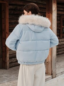 Anewsta Women's Solid Color Embroidered Winter Hooded Fur Collar Padded Coat - Blue - View 2