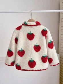 SHEIN Baby Girl Strawberry Print Cream Sherpa Jacket Red Trim Collar Button Front Fuzzy Teddy Coat Sweet Cute Fruit Outerwear For Fall Winter Daily - Red and White - View 2