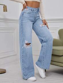 SHEIN EZwear CURVE Plus Size Women's Washed Distressed Wide Leg Jeans - Light Wash - View 3