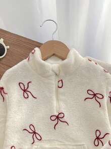 SHEIN Young Girl 秋冬針織蝴蝶結毛絨立領半拉鍊寬鬆休閒長袖衛衣與內搭褲2件套 - 紅色 - 查看 3