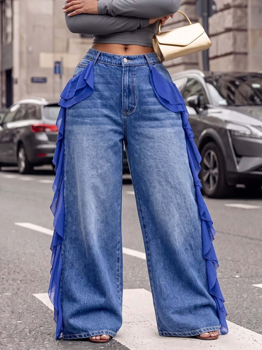 BriallanyX BriallanyX Plus Size Design Button Ruffle Decor Denim Wide ...