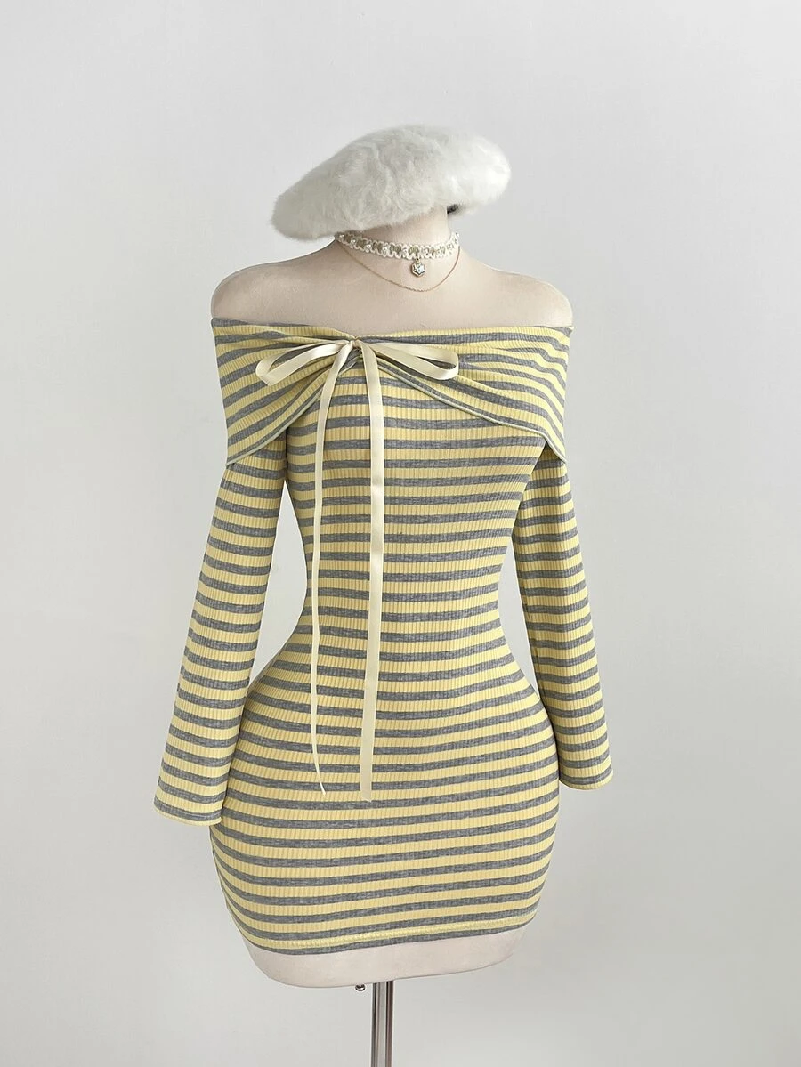 Elamini Women's Bow Design Striped Off-Shoulder Long Sleeve Dress - Yellow - View 1