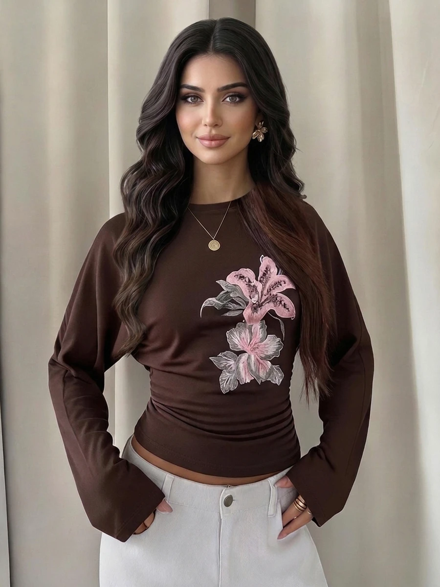 Modelyn Women's Floral Print Batwing Long Sleeve Round Neck Casual T-Shirt - Multicolor - View 1