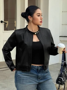Dazy Plus Autumn/Winter Black Lapel Zipper Long Sleeve Slim Fit Pocket Decor Short Casual Regular Jacket - Black - View 4