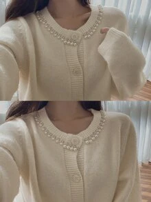 DAZY Women's Faux Pearl Decor Fashion Versatile Daily Wear Cardigan - Beige - View 7