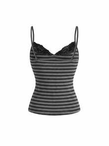 ROMWE Grunge Punk Women's Vintage Y2K 2 In 1 Lace Patchwork Striped Camisole - Multicolor - View 2