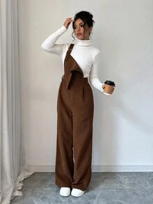 Elenzga 女款純色粗肩帶無袖燈芯絨連身褲，秋冬款 - 咖啡棕 - 查看 5