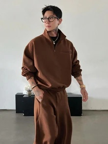 DAZY 男士純色深灰色厚款套頭運動衫套裝，秋冬季四分之一拉鍊男款 - 棕色 - 查看 6