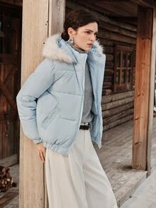 Anewsta Women's Solid Color Embroidered Winter Hooded Fur Collar Padded Coat - Blue - View 6
