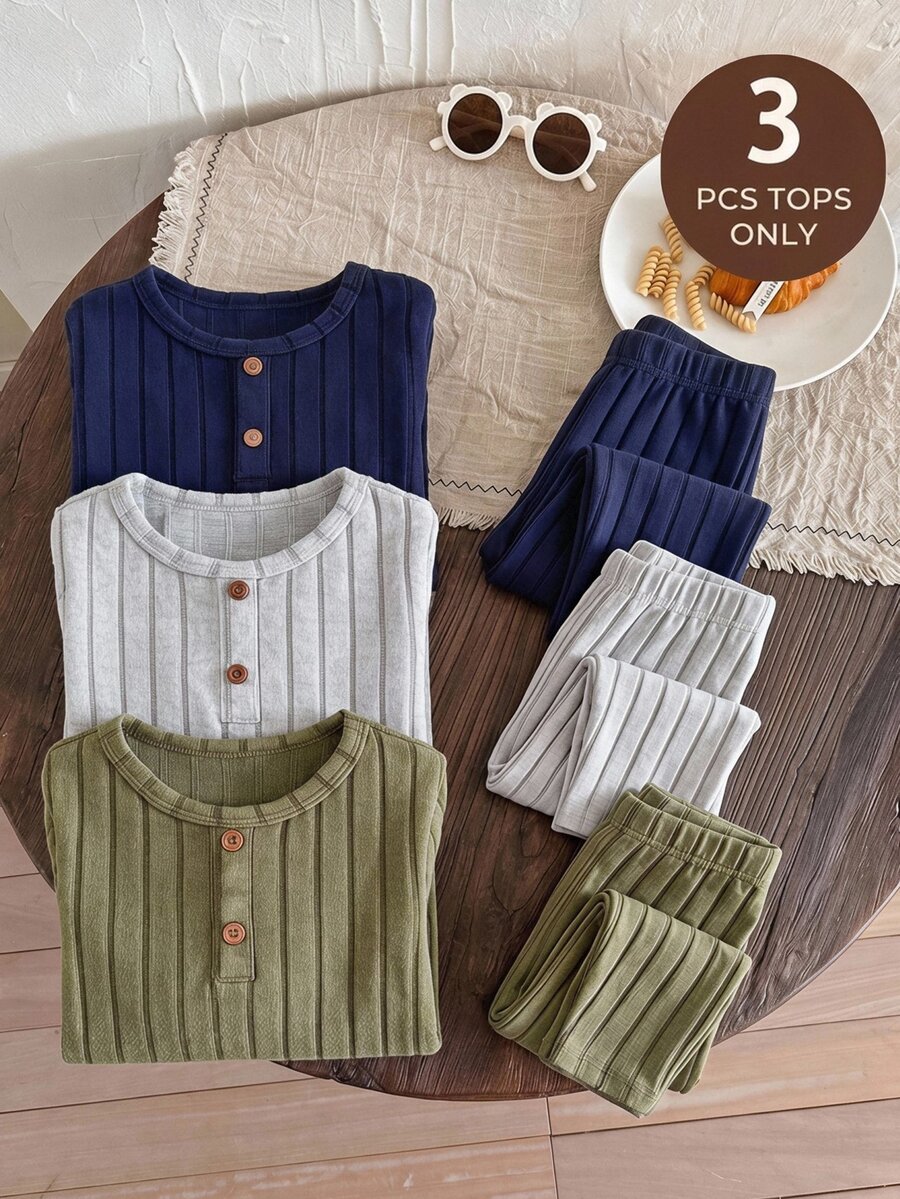 SHEIN Young Boy 3pcs Ribbed Henley Long Sleeve Tops Navy Grey Green Button Crew Neck Soft Basic Tees Pack Casual Shirts For School Fall Winter Daily - Multicolor - View 1