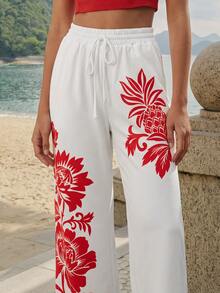 CAJUNI Floral Print Drawstring Waist Vacation Long Pants - Red and White - View 1