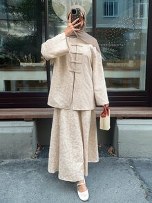 Solavon New Vintage Design New Chinese Style Frog Button Print Comfortable Outfit - Apricot - View 1