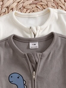 SHEIN 新生兒恐龍印花拉鍊長袖連身衣 - 深灰色 - 查看 4