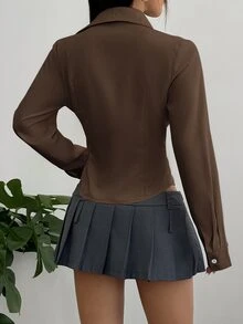 Sweetra 女款休閒百搭通勤純色收腰襯衫 - 棕色 - 查看 2