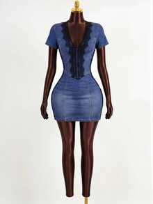 Mistrie Women's Contrast Lace V-Neck Short Sleeve Fitted Fashion Denim Dress - Grey - View 5