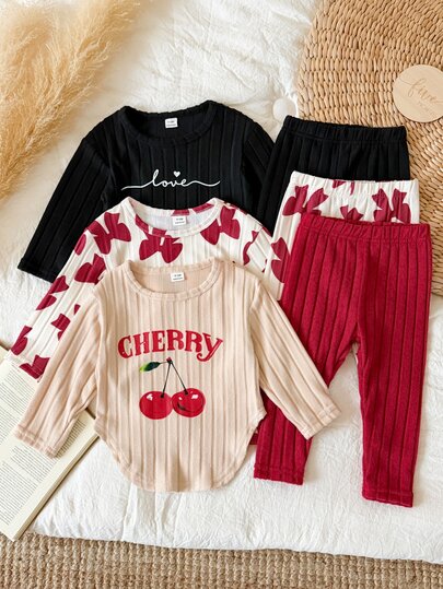 SHEIN 2pcs Toddler Baby Girls Tops Leggings Set Red Beige Cherry Love Letter Print Bowknot Ribbed Knit Long Sleeve Pullovers Fall Winter
