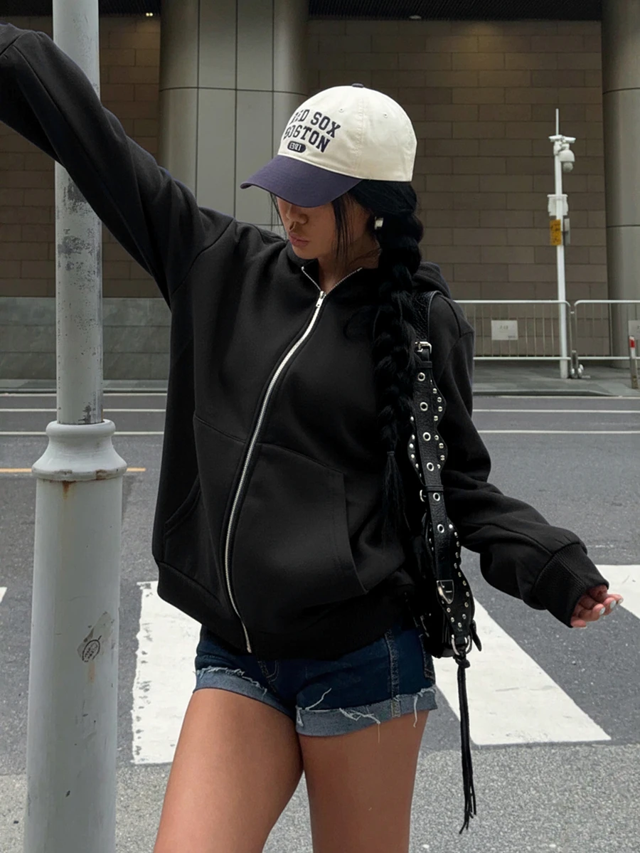 SHEIN 青少年女孩字母印花拉鍊連帽運動衫附口袋 - 黑色 - 查看 1