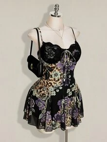 SHEIN ICON Plus Size Y2K Vintage Floral New Chinese Style Lace Patchwork V-Neck Cami Dress - Multicolor - View 6