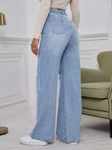 SHEIN EZwear CURVE Plus Size Women's Washed Distressed Wide Leg Jeans - Light Wash - View 2
