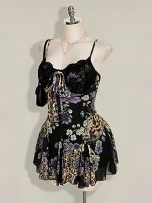SHEIN ICON Plus Size Y2K Vintage Floral New Chinese Style Lace Patchwork V-Neck Cami Dress - Multicolor - View 4