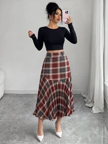 Elenzga 女款優雅波點印花拼接百褶裙 - 橘色 - 查看 5
