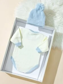 2pcs Newborn Baby Boy Knitted Romper Beanie Set Cream Blue Embroidery Pom Long Sleeve Round Neck Photography Prop Winter Pullover Jumpsuit Snap Button - Multicolor - View 4