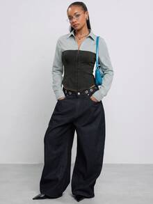 COUREZ Long Sleeve Double Layer Check Shirt With Corset /Y2K Cute Fall Going Out Tops Fall Autumn Autumn - Dark Grey - View 6